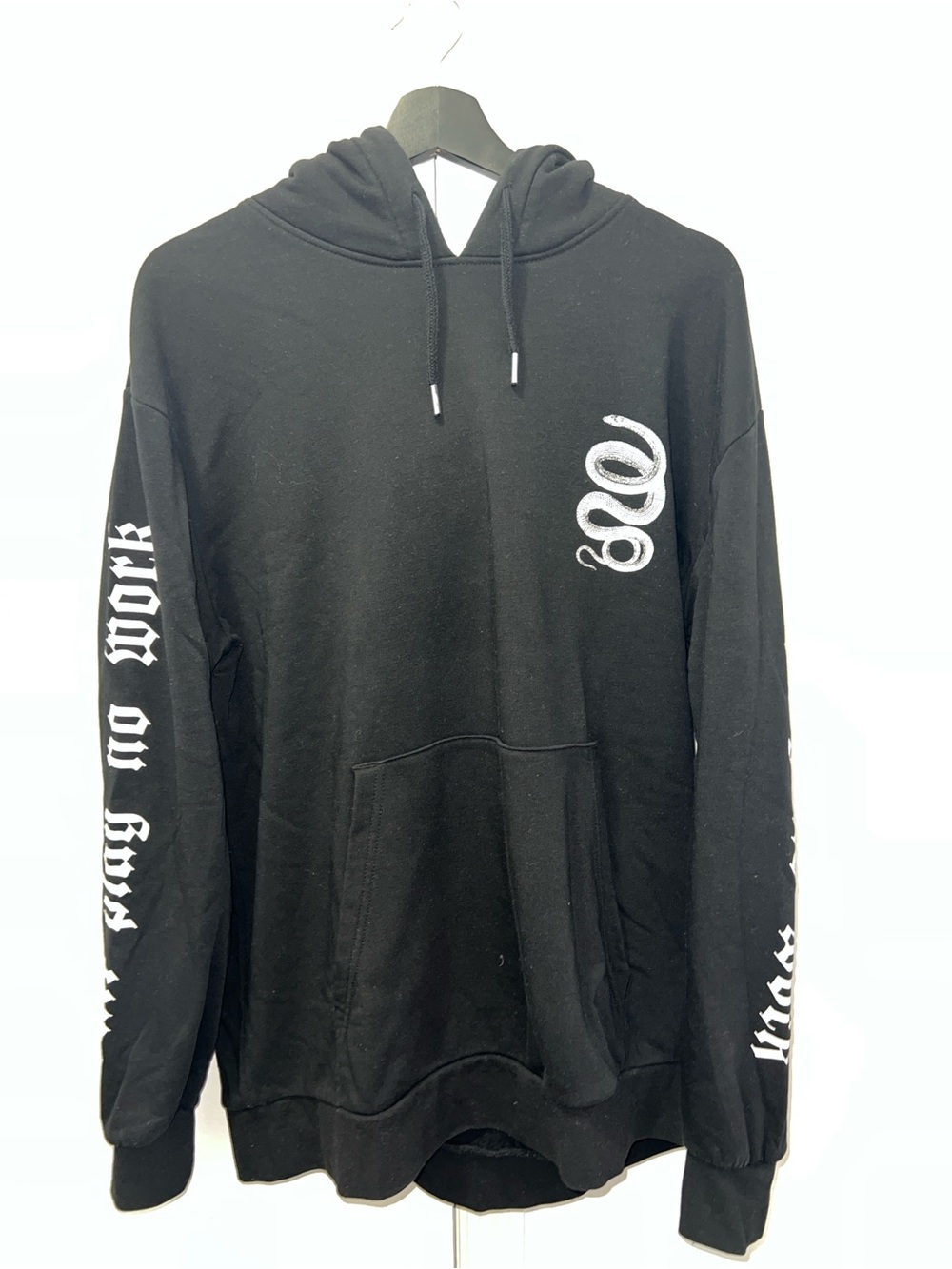 H&M Black Hoodie with White Snake Graphic and Sleeve Text